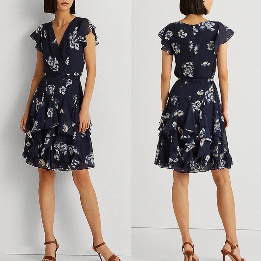 Lauren Ralph Lauren Flutter Sleeve ruffle Dress size 10 or 14 navy multi - Picture 3 of 7